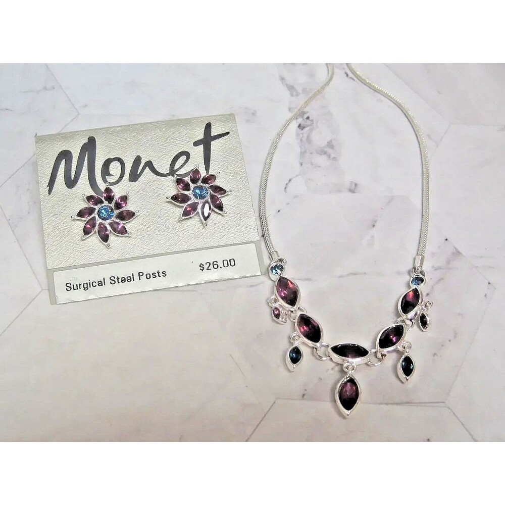 Vintage Monet Purple Blue Rhinestone Necklace Earrings Set Silver Tone Floral